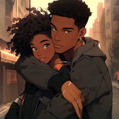 two people hugging each other on the street