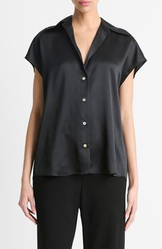 This elegant shirt with an intentionally oversized fit and a face-framing collar adds instant polish to your look. Light gathers in back add graceful draping, and the generous cap sleeves give just-right volume to balance the silhouette. 26" length (size Medium) Front button closure Spread collar Cap sleeves 100% silk Dry clean or hand wash, line dry Imported Baby Clothes Sale, Silk Button Up, Sweater Collection, Elegant Shirt, Face Framing, Designer Clothes For Men, Modern Outfits, Tee Dress, Toddler Girl Outfits