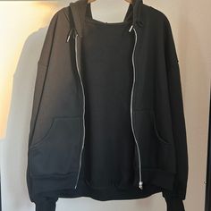 Shein Zip Up Solid Black Jacket Size Large Nwot Black Zip Up Hoodie Aesthetic, Black Zip Up, Thrift Basics, Mk Cosplay, Baggy Zip Up Hoodie, Baggy Clothes Aesthetic, Black Zip Up Sweater, Brown Sweaters, Sweaters Outfit