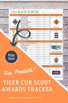 the printable tiger cub scout award tracker is shown with orange and white confetti