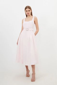 Petite Premium Tailored Linen Square Neck Belted Midi Dress | Karen Millen Spring A-line Dress With Belt, Elegant Spring Maxi Dress With Belt, Spring Midi Dress With Box Pleat, Spring Dresses With Box Pleat And Full Skirt, Fitted Pleated Belted Summer Dress, Fitted Pleated Belted Dress For Summer, Spring Midi Dress With Box Pleat And Full Skirt, Pleated Full Skirt Midi Dress For Work, Spring Tea-length Dress With Box Pleat