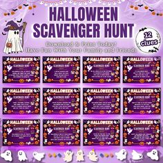 halloween scavenger hunt for kids with ghost and pumpkins on the front, purple background