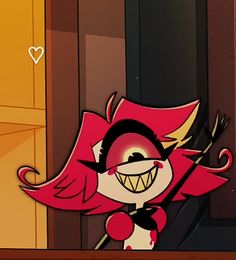 a cartoon character with red hair and black eyes holding a stick in her hand while standing next to a door