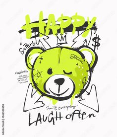 a green teddy bear with the words happy birthday on it's face and handwritten lettering