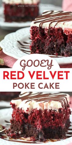 gooey red velvet poke cake with chocolate drizzle on the top and bottom