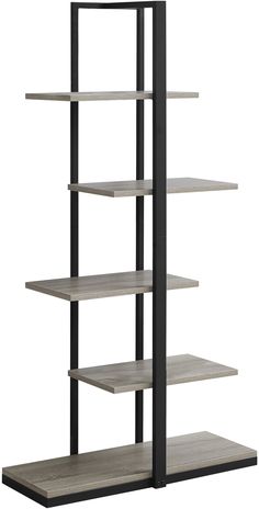 a book shelf with four shelves on each side and two black metal poles in the middle