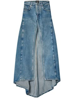 indigo blue cotton denim appliqué logo asymmetric design belt loops concealed fly and button fastening classic five pockets high-low hem Asymetric Skirt, Denim Applique, Patchwork Denim Skirt, Long Jean Skirt, Recycled Sweater, Mens Fashion Wear, Denim Diy, Denim And Supply, Denim Design