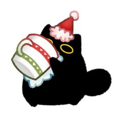 a black cat wearing a santa hat and holding a ring