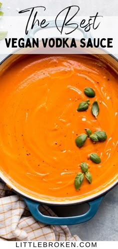 the best vegan vodka sauce in a blue pot with basil leaves on top and text overlay