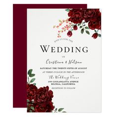 a wedding card with red flowers on it