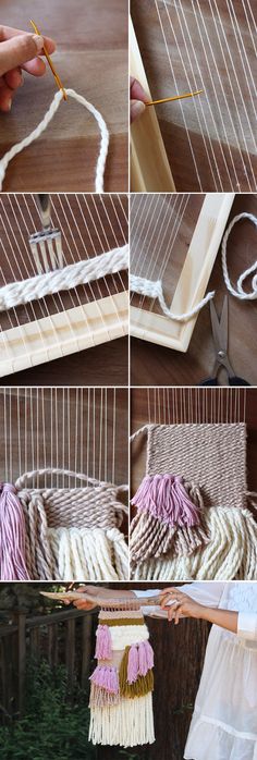 four pictures showing how to make tassels with yarn and wood, including scissors