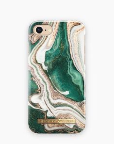 an iphone case with green marble and gold lettering on the front, featuring a white background