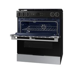 an oven with the door open and two burners on it's side, in front of a white background