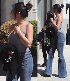 two pictures of a woman in high waisted jeans walking down the street and talking on her cell phone