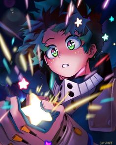 an anime character holding a glowing object in his hand