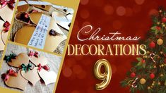 christmas decorations made from cardboard are displayed on a red and gold background with the number nine