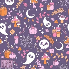 halloween seamless pattern with pumpkins, skulls and other items on purple background illustration