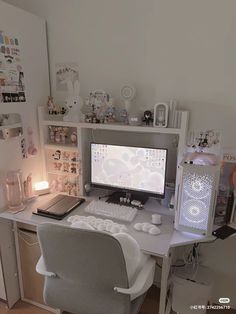 a white desk with a computer on top of it