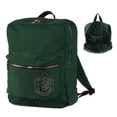 a green harry potter backpack with the sly crest on it and a hat in front