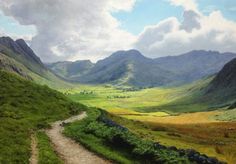 a painting of a dirt road in the middle of a green valley with mountains behind it