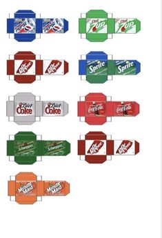 an assortment of different types of sodas and cans on display with the same color scheme