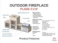 an image of a fire place plan with instructions for the different parts to it, including stoves and cabinets