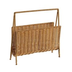 a wicker basket with handles on an iron stand