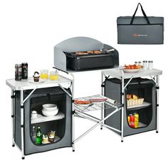 two portable bbqs with food and drinks on the top, side by side