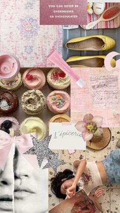 a collage with pink, white and blue items in the background that include an image of a woman's face