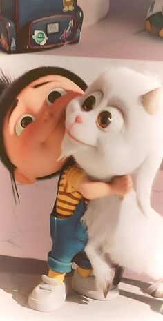 a cartoon character is kissing a white cat