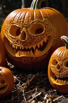 three carved pumpkins sitting on the ground