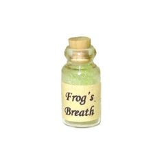 frog's breath in a small glass bottle on a white background with the words frog's breath