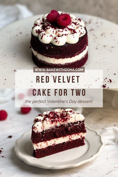 red velvet cake for two with raspberries on top and white frosting in the middle