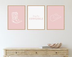 three pink wall art prints with cowboy boots and cowgirl's names on them