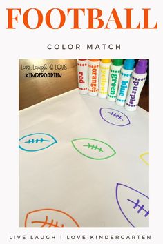 the football color match for kids is shown with markers and crayons on it