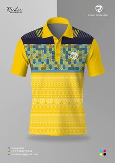 the front and back of a yellow polo shirt with an abstract pattern on it, which is