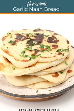 Stack of homemade garlic naan bread. Garlic Naan Bread Recipe, Naan At Home, Garlic Naan Bread, Naan Bread Recipe, Homemade Naan Bread, Garlic Naan, Bean Dip, Sauce Pot