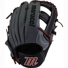 a black and gray baseball glove with the m on it's left hand side