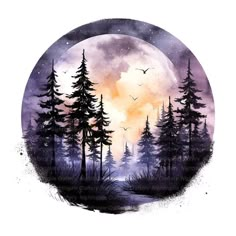 a painting of trees and birds flying in front of a full moon with purple hues