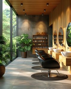 a room filled with lots of mirrors and furniture next to plants on the floor in front of large windows