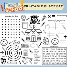 the back to school printable placemat is shown with words and pictures on it