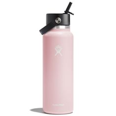 a pink water bottle with a black lid