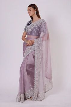 Shop for Onaya Purple Organza Sheer Saree With Embroidered Blouse for Women Online at Aza Fashions Sheer Saree, Dark Purple Wedding, Fashion Show Dresses, Traditional Blouse Designs, Purple Saree, Simple Sarees, Blouse Purple, White Saree, Organza Sarees