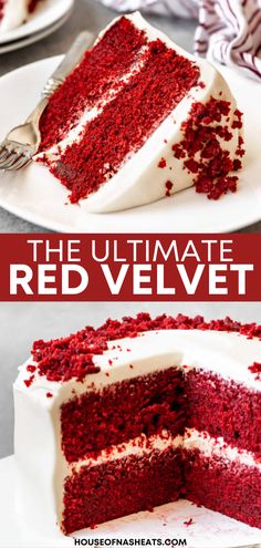 the ultimate red velvet cake with white frosting is cut in half and ready to be eaten