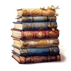 a stack of books sitting next to each other in front of a white background with leaves on them