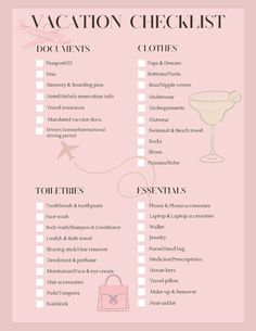 a pink and white checklist with the words vacation checklist