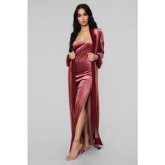 Stunning - “Rich Taste” Velvet Dress + Duster Set From Fashion Nova, In Marsala (A Rich Burgundy Pink), Size Small And Brand New With Tags. Features A Floor Length Velvet Duster Lined In Matching Satiny Trim W/Matching Belt Tie And A Spaghetti Strap Velvet Dress With High Side Slight And Floor Length. No Trades, Price Firm On This Item, No Offers Will Be Considered. Satin Maxi Dress For Night, Fitted Long Evening Robe, Fitted Long Sleeve Evening Robe, Formal Fitted Robe, Fitted Long Sleeve Dress For Night, Fitted Satin Night Robe, Satin Floor-length Dress For Night, Fitted Satin Evening Robe, Floor-length Satin Dress For Night