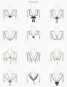 different types of blouses with bows on the front and back, all drawn in black ink