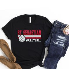 a t - shirt that says st sebastian volleyball next to ripped jeans and shoes on a white background