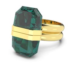 Express your individuality with this playful motif ring. Featuring an emerald-inspired cut crystal in a vibrant green hue, this statement piece has an innovative magnetic closure and gold-tone plated double band. Wear yours solo or stacked with other designs from the Lucent family to dress up a simple outfit.  This ring is part of the Lucent family, designed by Creative Director Giovanna Engelbert for Collection II. Swarovski Ring, Pink Watch, Marquise Ring, Blue Watches, Swarovski Jewelry, Ring Size Guide, Crystal Rings, Emerald Ring, Earring Backs